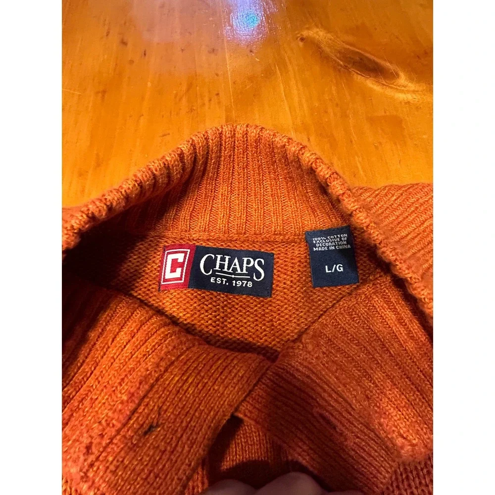 Chaps Preppy Gorpcore Fall Orange Cotton Mock Neck Henley Sweater Elbow Patches